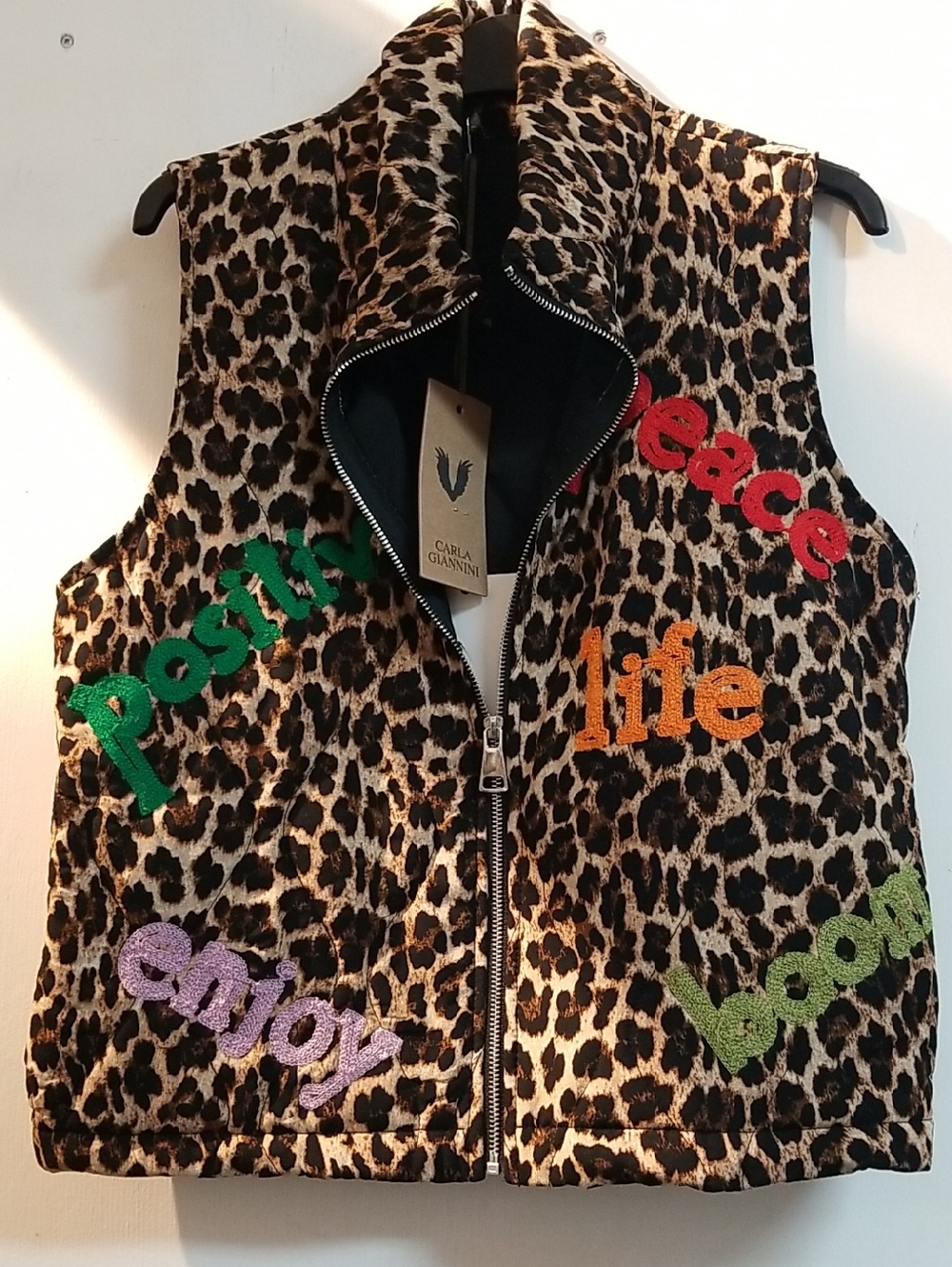 Carla Giannini Leopard Print Puffer Vest with Colorful Lettering